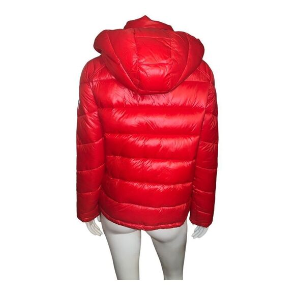 GUESS Womens High-Shine Hooded Puffer Coat Hooded Hot Orange Medium NWOT - Picture 3 of 9